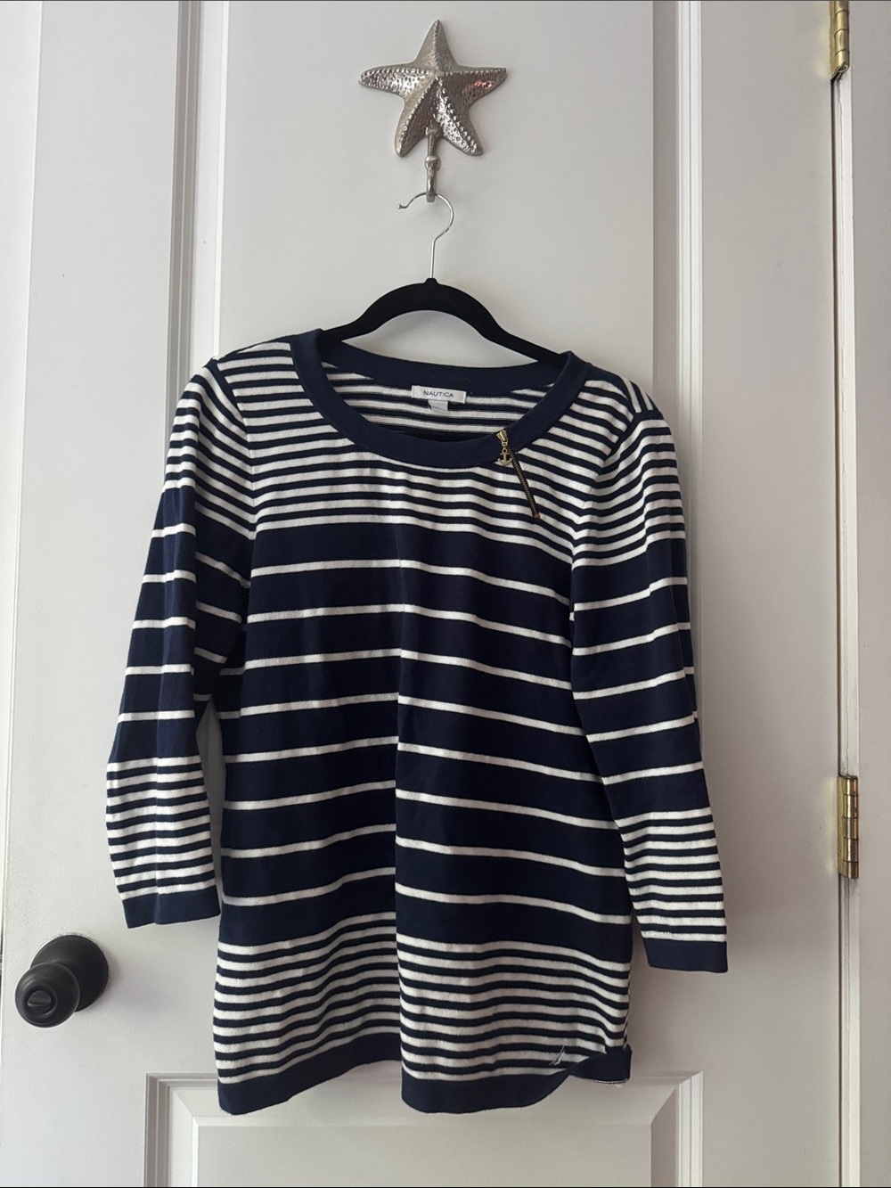 Nautica Navy and White Striped Boatneck Sweater with Zip Accent